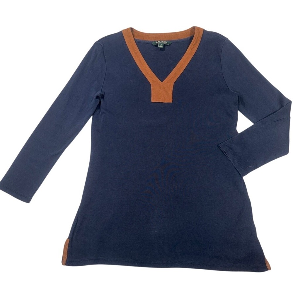 Lauren Ralph Lauren V-Neck Top Size M Navy Blue Faux Suede Trim Cotton